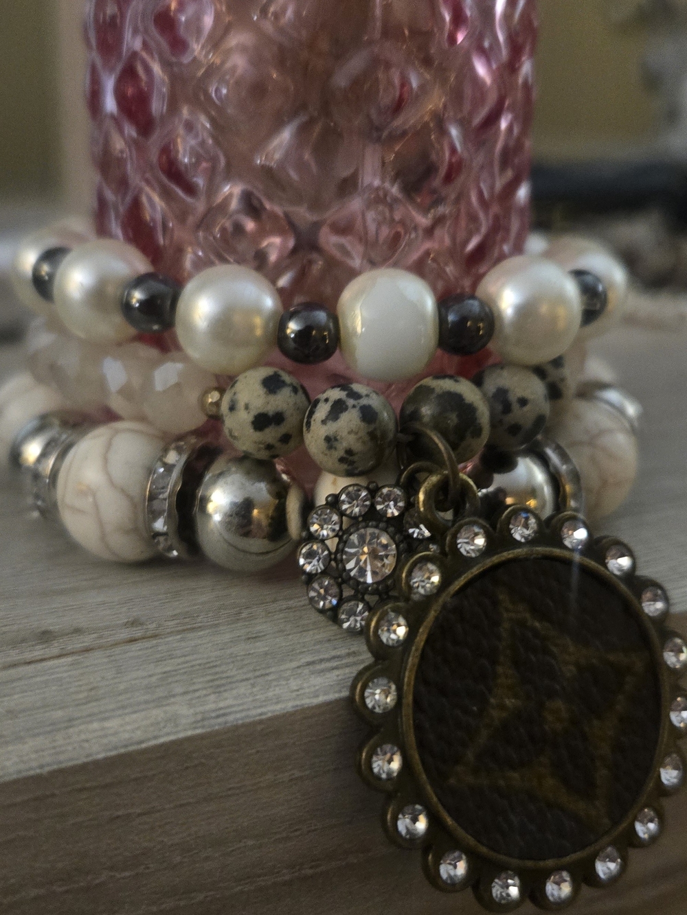Rhinestone Charm Beaded Stretch Bracelet Stack -  Faux Pearl, Natural Stone Bead